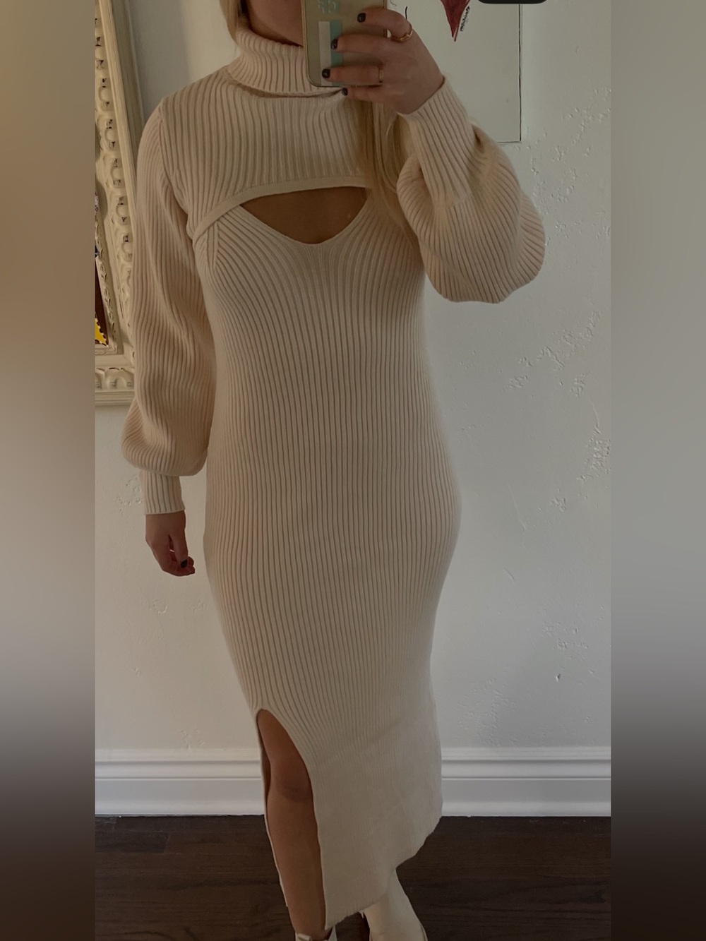Cream Ribbed Cutout Midi Dress with Long Balloon Sleeves